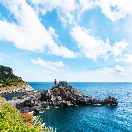 Charming, beautiful view overlooking the sea and gothic Church of St. Peter in Porto Venere,...