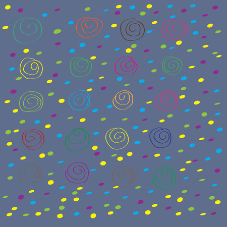 Set of multicolored spirals and dots on dark purple blue backgroundのイラスト素材