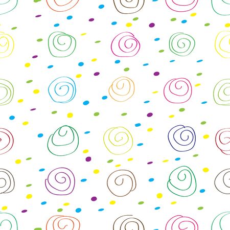 seamless pattern of multicolored spirals and dots on white backgroundのイラスト素材