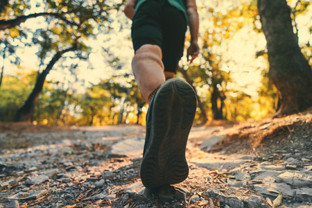 mans foot steps on the trail in forest park, close upの写真素材