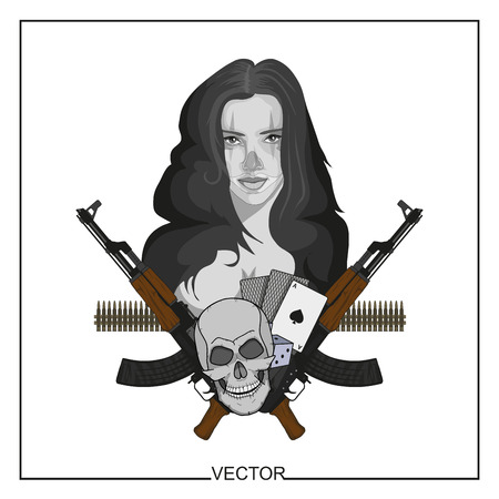 Illustration of a beautiful woman with guns, cards and skull in monochrome illustration.のイラスト素材