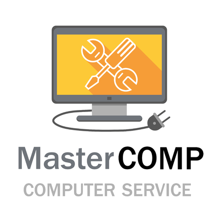 Computer repair service. Laptop with screwdriver and wrench. PC repair label. Desktop Service.のイラスト素材