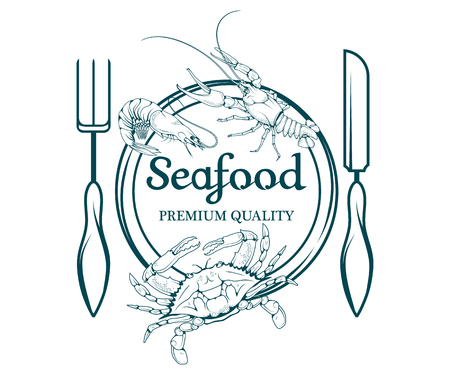 Set with seafood isolated on white background. Seafood company vector icon design template. Ocean delicacies collection vector seafood icon.のイラスト素材