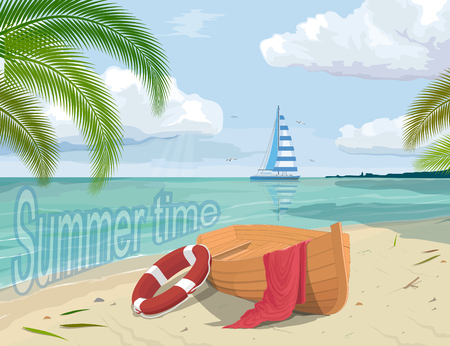 Illustration of a boat on the beach on a cool presentation.のイラスト素材