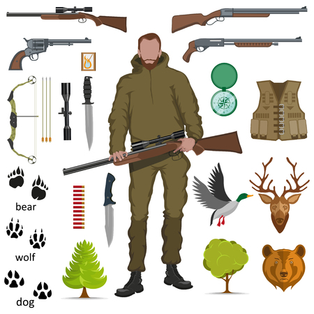 Set of flat hunting icons isolated on plain background.のイラスト素材
