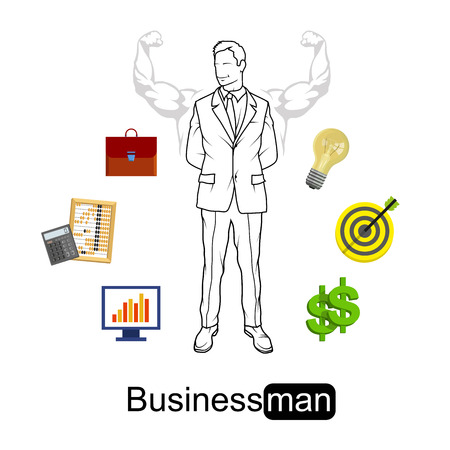 Businessman character with various business elements surrounding on him.のイラスト素材