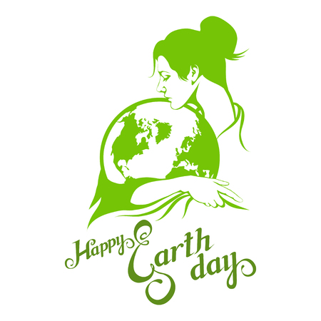Earth Day lettering. Ecology concept with earth. The logo of the Earth Day. Green day emblem. Woman hugs the Planet.のイラスト素材