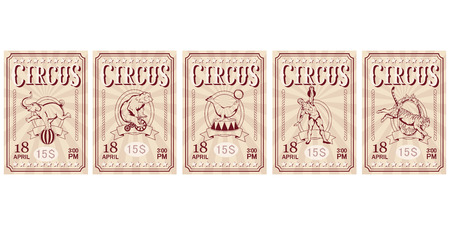 Set of Circus ticket. Carnival poster. Vintage circus show. Different circus animals.のイラスト素材