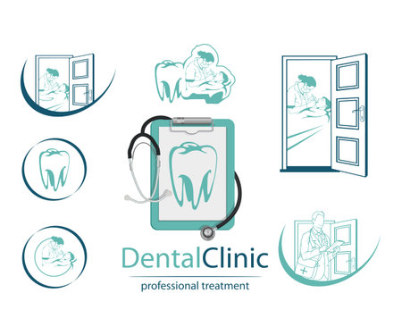 Set of different Stomatology elements. Dental Clinic Logo. Doctor Logotype. Medical concept. Tooth concept icon.のイラスト素材