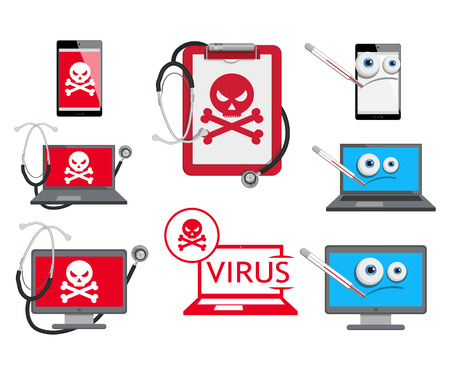 Set of different Cyber ââvirus logo. Computer virus. Virus destroying computer. Skull on the screen. Vector virus character.のイラスト素材