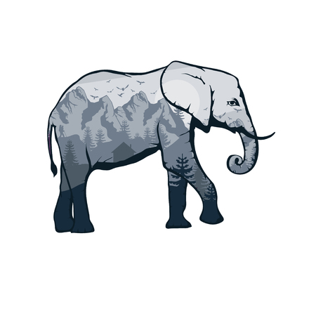 elephant double exposure. Wildlife for your design, outdoors symbol elephant double exposure. Vector graphics to designのイラスト素材