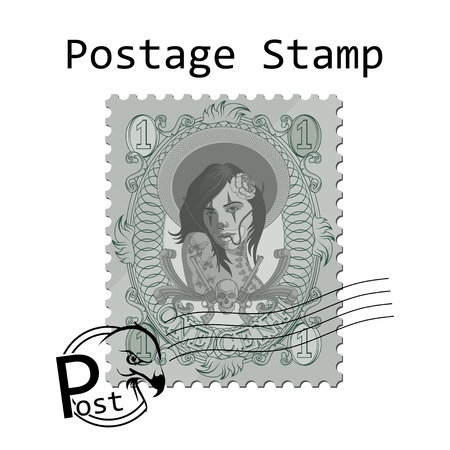 chicano style Postage Stamp on white background. beautiful woman stamp. Vector graphics to designのイラスト素材