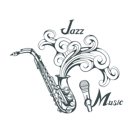jazz player with saxophone. Saxophone player. Lettering with a microphone. Silhouette of a musician Vector graphics to designのイラスト素材