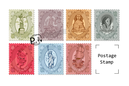 Postage travel stamps set. Post emblem on white background. Mark stamped. Official postmarks. Vector graphics to designのイラスト素材