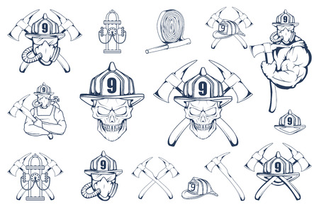 Set of firefighter emblems and elements. The fireman's head in a mask. Fire department label. Vector graphics to designのイラスト素材