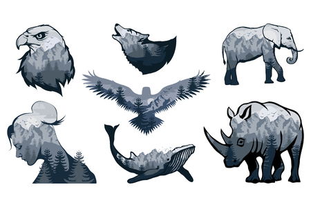 Double exposure set - elephant, rhinoceros, wolf, eagle, crows, whale, girl. Wildlife for your design, outdoors symbol. Vector graphics to designのイラスト素材