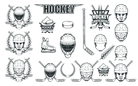 Set of different elements for hockey playing. Hockey helmet. Professional ice skates illustration. Skull with hockey helmet.のイラスト素材