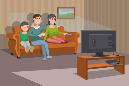 Big happy family watching TV on sofa. Man with coffee cup. Evening watching television series. Interior of the room with TV and people sitting on the couch. Vector graphics to designのイラスト素材