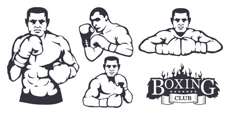 Set of different elements for box design - boxing gloves, boxer man. Sports equipment set. Fitness illustrations. Sport Club logo. Vector graphics to design.のイラスト素材