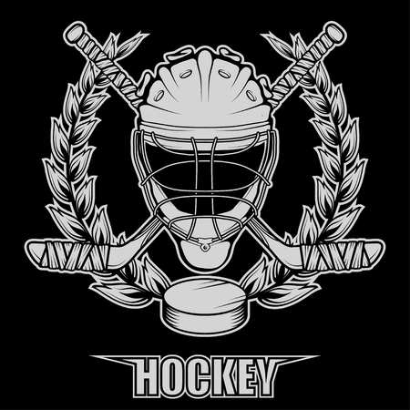 Set of different elements for hockey playing. Hockey helmet. Professional ice skates illustration. Goalkeeper mask with sticks. Vector graphics to designのイラスト素材