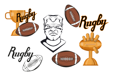 Set of Football player design elements. Hand drawn Rugby player. Cartoon soccer player. Set for football concept. Gold champions and winner cup. Cartoon Man Head. Rugby ball. Vector graphics to design.のイラスト素材