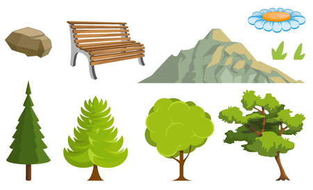 Landscape with a Mountains and Trees. Nature as a background. Park elements for landscape. Hand drawn Cartoon nature. Paysage with blue sky and flower fields. Vector graphics to design.のイラスト素材