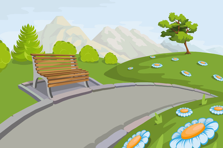Landscape with a Mountains and Trees. Nature as a background. Park elements for landscape. Hand drawn Cartoon nature. Paysage with blue sky and flower fields. Vector graphics to designのイラスト素材