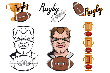 Set of Football player design elements. Hand drawn Rugby player. Cartoon soccer player. Set for football concept. Gold champions and winner cup. Cartoon Man Head. Rugby ball. Vector graphics to designのイラスト素材
