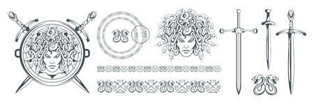 Gorgon Medusa - monster with a female face and snakes instead of hair. Sword. Medusa head. Greek mythology. Hand drawn traditional Greek ornament. Snake tattoo. Vector graphics to designのイラスト素材