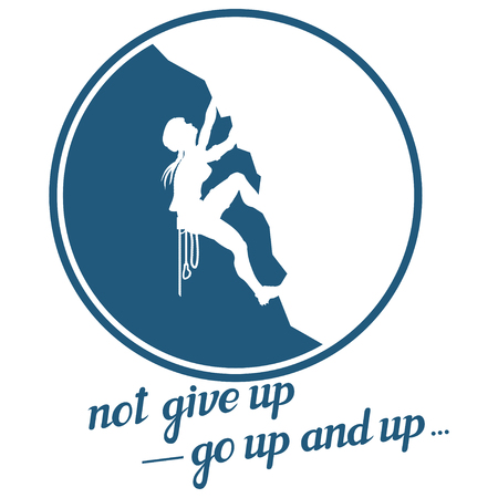 alpinist slogan with girl, woman mountaineer, alpine climbing, alpinism, mountaineering, alpinist girl character, climb concept, hand drawn lettering, mountaineering logo, vector graphics to design.のイラスト素材