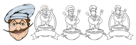 chef cook standing in a different pose, restaurant boss, cartoon chef in uniform, cook logo, chef hat, professional chef cook, head of kitchen, vector graphics to designのイラスト素材