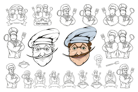 chef cook standing in a different pose, restaurant boss, cartoon chef in uniform, cook logo, chef hat, professional chef cook, head of kitchen, vector graphics to designのイラスト素材