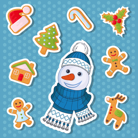 Christmas sticker. Set of different sticker for christmas. New Year. Different new year characters. Colorful cartoon sticker. New Year characters of Christmas sticker. Christmas design element.のイラスト素材