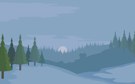 Winter landscape. Christmas colorful nature. Hand drawn winter scene with christmas landscape. ?hristmas celebration. Winter landscape background with forest. New Year's holiday. Snowy woodlandのイラスト素材