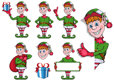 Christmas elf. Set of different elves for christmas. Different new year characters. Santa Claus helpers. New Year characters in the form of Christmas elf. Merry Xmas design element.のイラスト素材