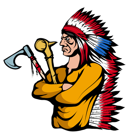 colored indian chief with traditional weapons in his hand. vector graphic to designのイラスト素材