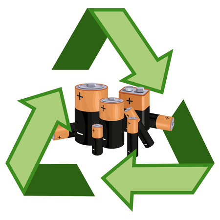 Concept of Recycle Used Batteries. Recycling symbol with used batteries. Vector graphics to designのイラスト素材