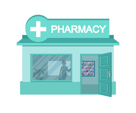 Vector flat drugstore. Facade of pharmacy store isolated on white background. Drugstore house. Cartoon pharmacy store building. Drugstore front. Vector graphics to designのイラスト素材