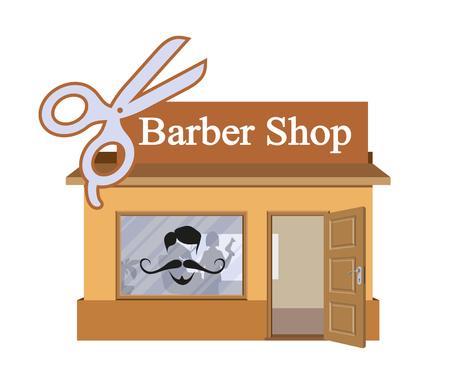 Vector flat barbershop. Facade of barbershop isolated on white background. Barber house. Cuts hair building. Barbershop emblem. Vector graphics to designのイラスト素材