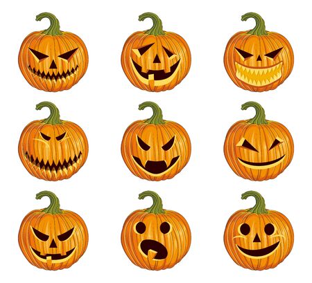 Set of Halloween scary pumpkins. Orange pumpkin with smile for the holiday Halloween. Pumpkin emoticon set. Autumn holidays. Vector graphics to design.のイラスト素材