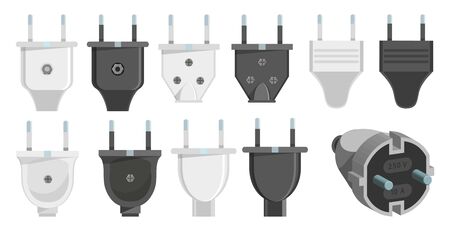 Electric plug set. 3d vector. Plugs icons. Connection cable. Vector illustration of various electric plugs. Vector graphics to designのイラスト素材