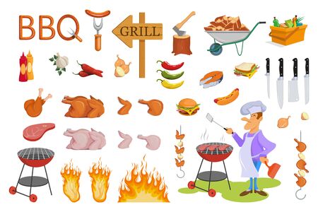 Set of barbecue and grill. Young cheerful man cooking steak on the barbecue grill outdoors. Set of BBQ and different tools for barbecue party. Vegetables, chicken, steak and fish cooking on grill.のイラスト素材