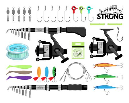 Spin fishing. Rod spinning. Fishing equipment. Fishing tools and hook. Set of tackle, fish, rod, sport, equipment, bait. Fishing emblems, labels and logo. Active Leisure on Nature.のイラスト素材