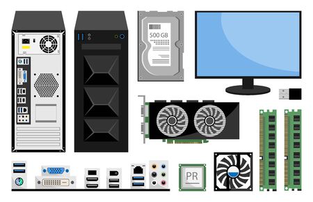 Realistic computer monitor, RAM computer Memory, CPU, Winchester disk, Motherboard, Processor cooler, ports, audio and video card for pc. Set of cloud computing services and technology, data storage.のイラスト素材