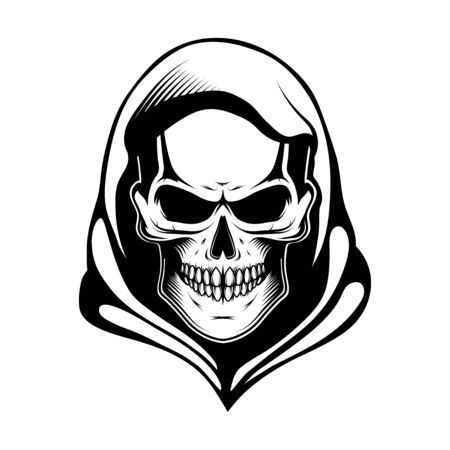 Monochrome illustration of hipster skull with mustache. Emblem tattoo skull.のイラスト素材