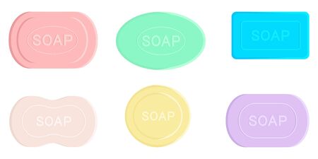 Colored soap set. Soaps Of Various Shapes. Different bars of soap with various aromas. Organic soap. Hygiene, hospitality, medical, protective.のイラスト素材
