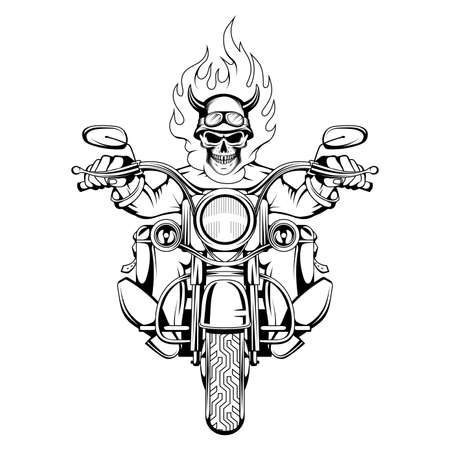 Burning Skull. Evil person. Skull Biker Sits On A Bike. Skull riding a motorcycle. Tattoo. Biker party. Vector graphics to designのイラスト素材