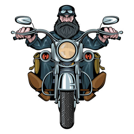 Biker Man Sits On A Bike. Man riding a motorcycle. Bearded biker man. Tattoo. Biker party. Male face with the scar. Evil person. Vector graphics to designのイラスト素材