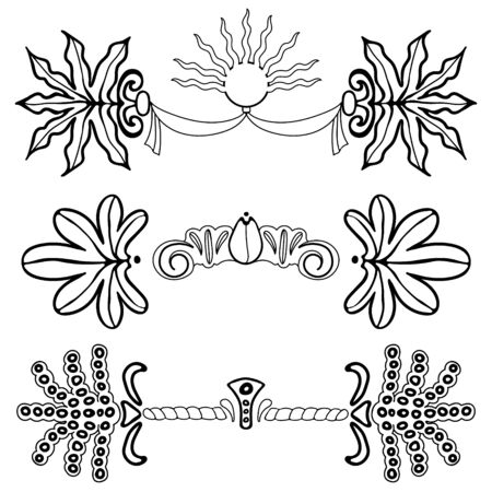Black-white hand-drawn isolated floral elements on white background for design and decoration in retro style and classic book graphic. Can be used as end stripのイラスト素材
