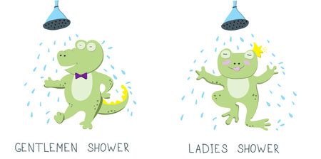 Flat illustration with characters. Cute green frog and crocodile is taking a shower and having fun on white background. The Restroom Symbolsのイラスト素材